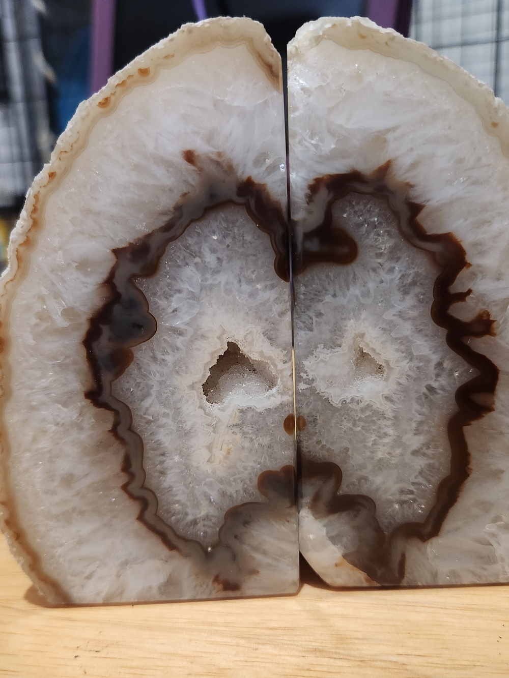 Pair of Natural White and Brown Agate Geode Bookends